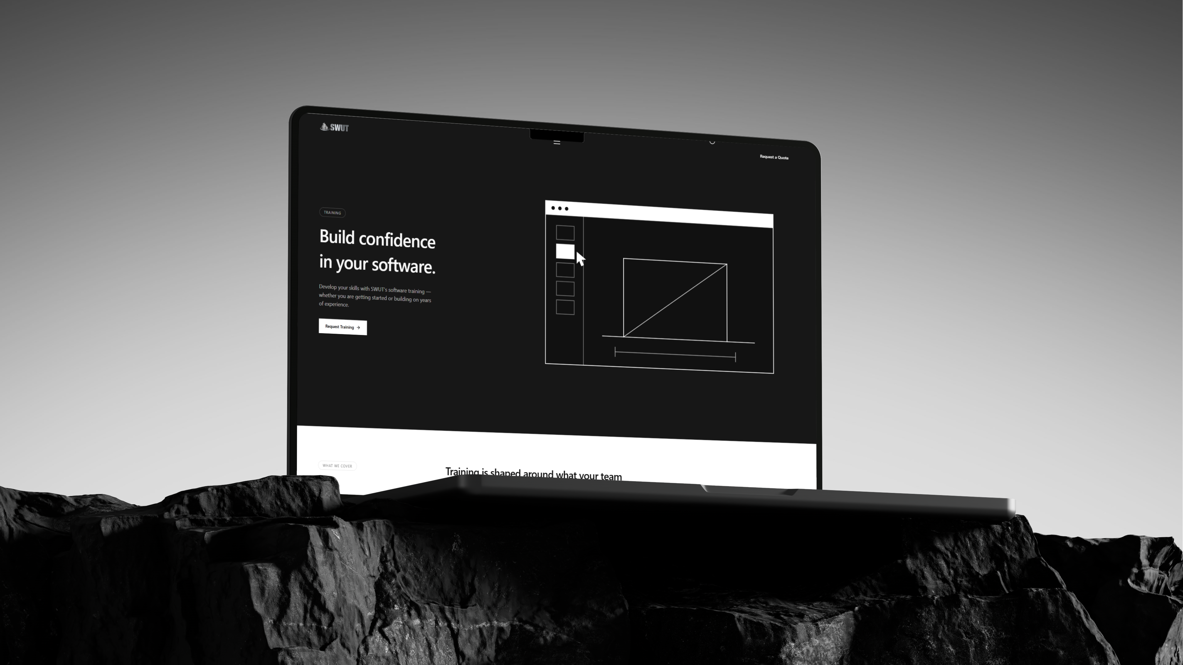 SWUT Services — Training page shown on a laptop